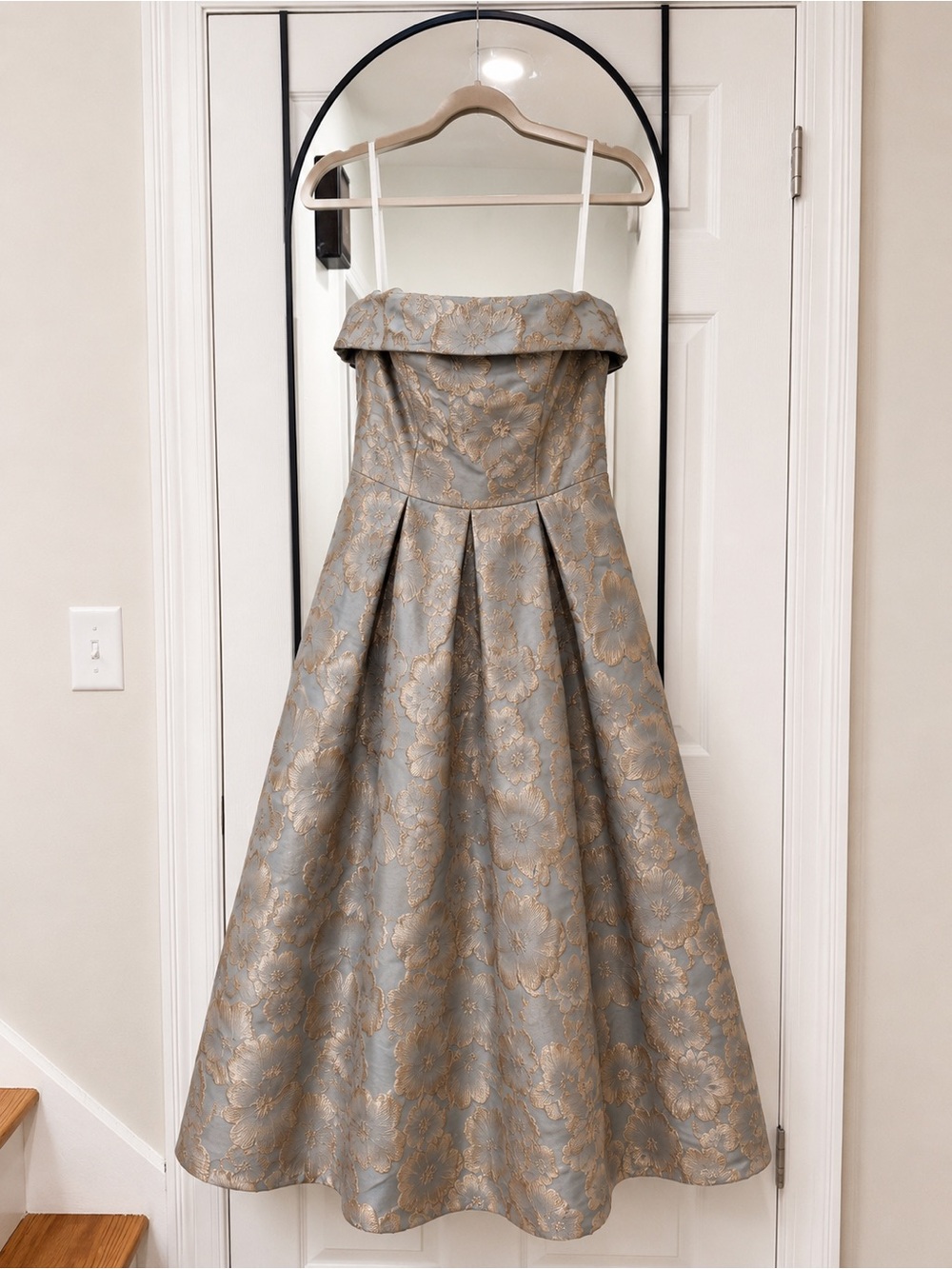 Fold-Over Strapless Brocade Midi Dress in Soft Blue and Gold